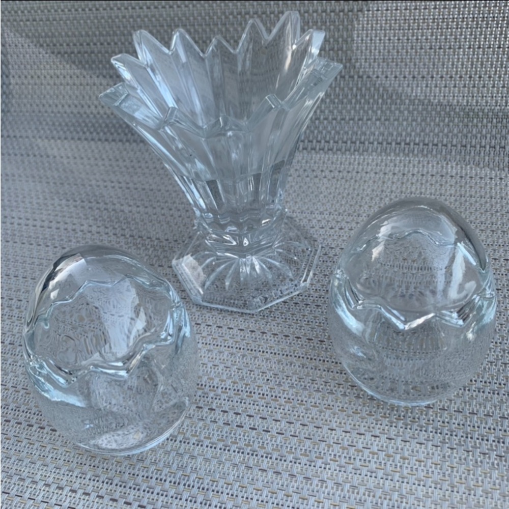 Unique Clear Glass 3-pc Set of Covered Votives or Egg Holders and Dish